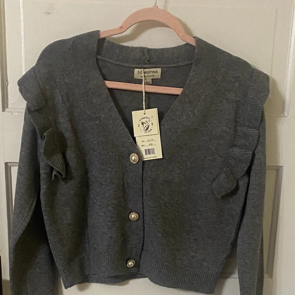 Christina Gray Ruffle Shoulder Cardigan Sweater Gold Pearl Buttons Size S/M